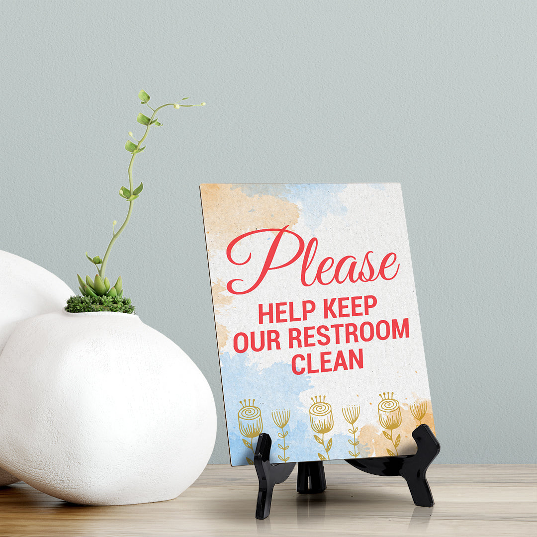 Signs ByLita Please Help Keep Our Restroom Clean, Blue Watercolor Table Sign (6 x 8")
