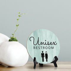 Round Unisex Restroom, Decorative Bathroom Table Sign with Acrylic Easel (5 x 5")