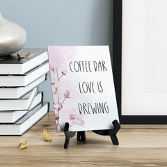 Coffee Bar Love Is Brewing Table Sign with Easel, Floral Vine Design (6 x 8")