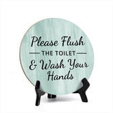 Round Please Flush The Toilet & Wash Your Hands, Decorative Bathroom Table Sign with Acrylic Easel (5 x 5")