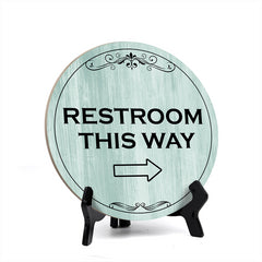 Round Restroom This Way, Decorative Bathroom Table Sign with Acrylic Easel (5 x 5")