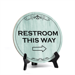 Round Restroom This Way, Decorative Bathroom Table Sign with Acrylic Easel (5 x 5")