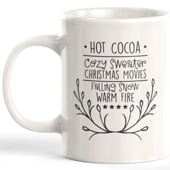 Hot Cocoa Cozy Sweater Christmas Movies Falling Snow Warm Fire Coffee Mug