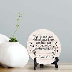 Round Trust In The Lord With All Your Heart And Lean Not On Your Own Understanding Proverbs 3:5-6 Wood Color Circle Table Sign (5x5")
