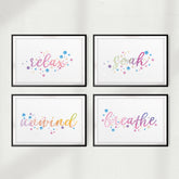 Relax, Soak, Unwind, Breathe (Pack of 4) UNFRAMED Print Home Décor, Quote Wall Art