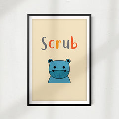 Scrub Cute Hippo UNFRAMED Print Kids Bathroom Wall Art