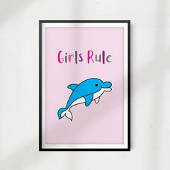 Girls Rule Cute Dolphin UNFRAMED Print Kids Bathroom Wall Art