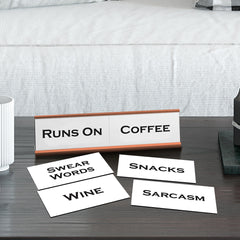 Runs On Word Play Nameplate, Rose Gold Desk Sign, Novelty Gift Nameplate, 6 Interchangeable Tiles (2 x 8")
