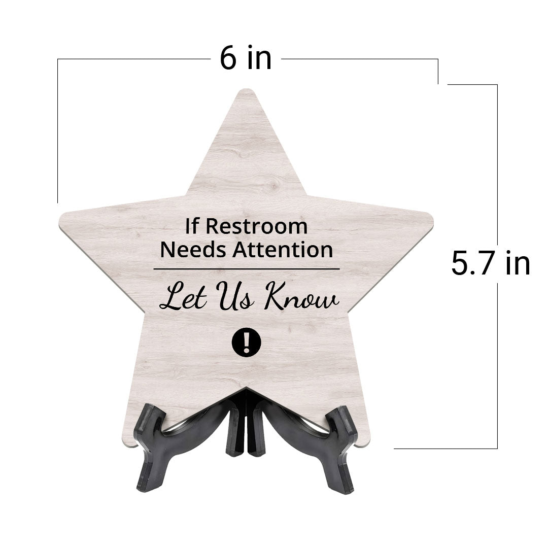 Sign ByLITA If Restroom Needs Attention Let Us Know, Wood Color, Star Table Sign (6"x5")