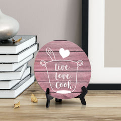 Round Live, Love, Cook Pink Wood Color, Circle Table Sign (5x5")