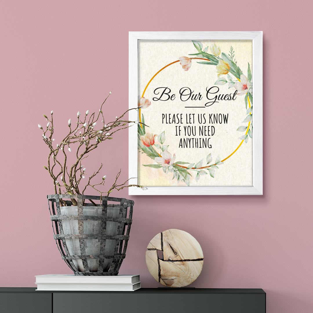 Signs ByLITA Be Our Guest - Please Let Us Know If You Need Anything, Floral FRAMED Print Short Term Rentals Guest Signage Hospitality Wall Art
