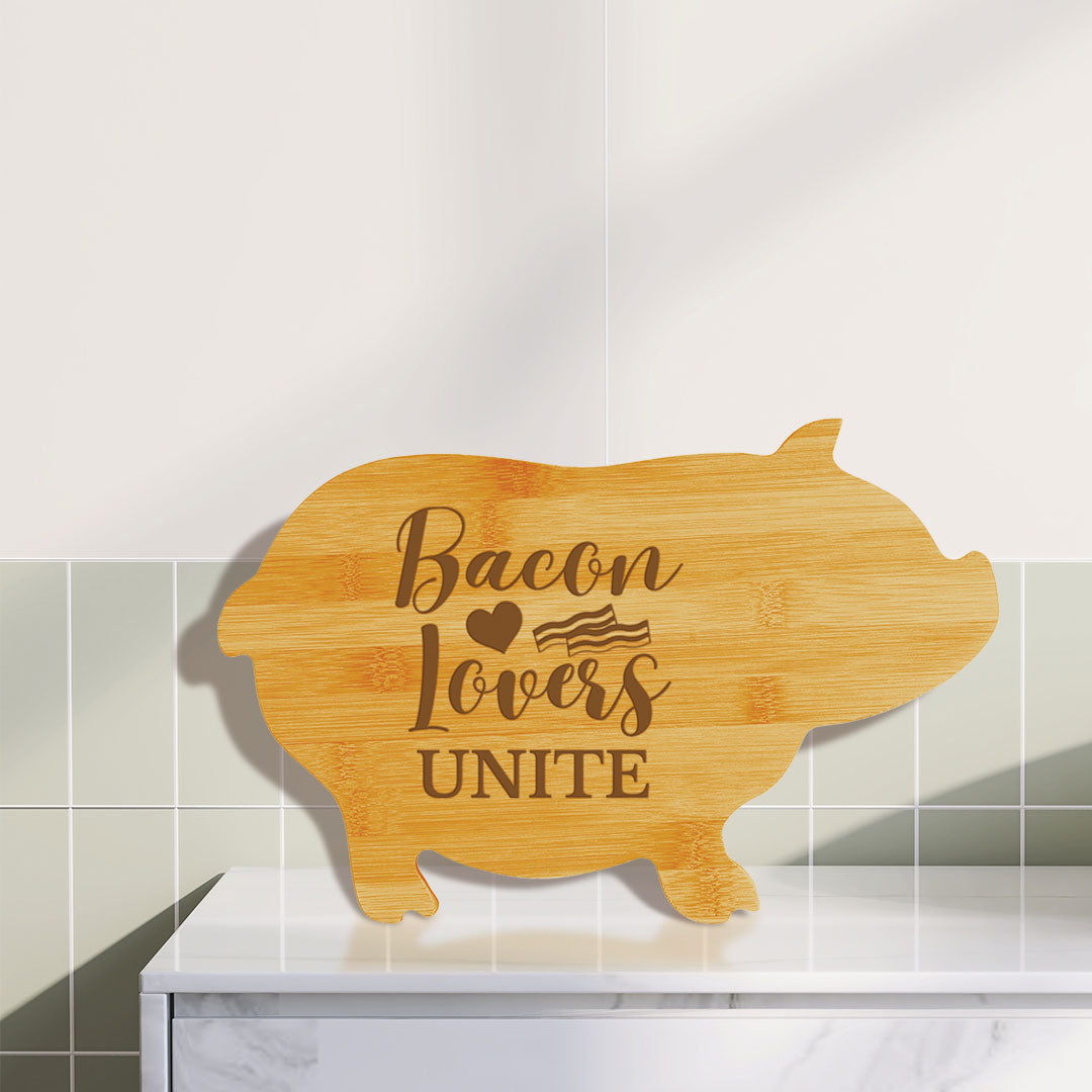 Bacon Lovers Unite (13.75 x 8.75") Pig Shape Cutting Board | Funny Decorative Kitchen Chopping Board