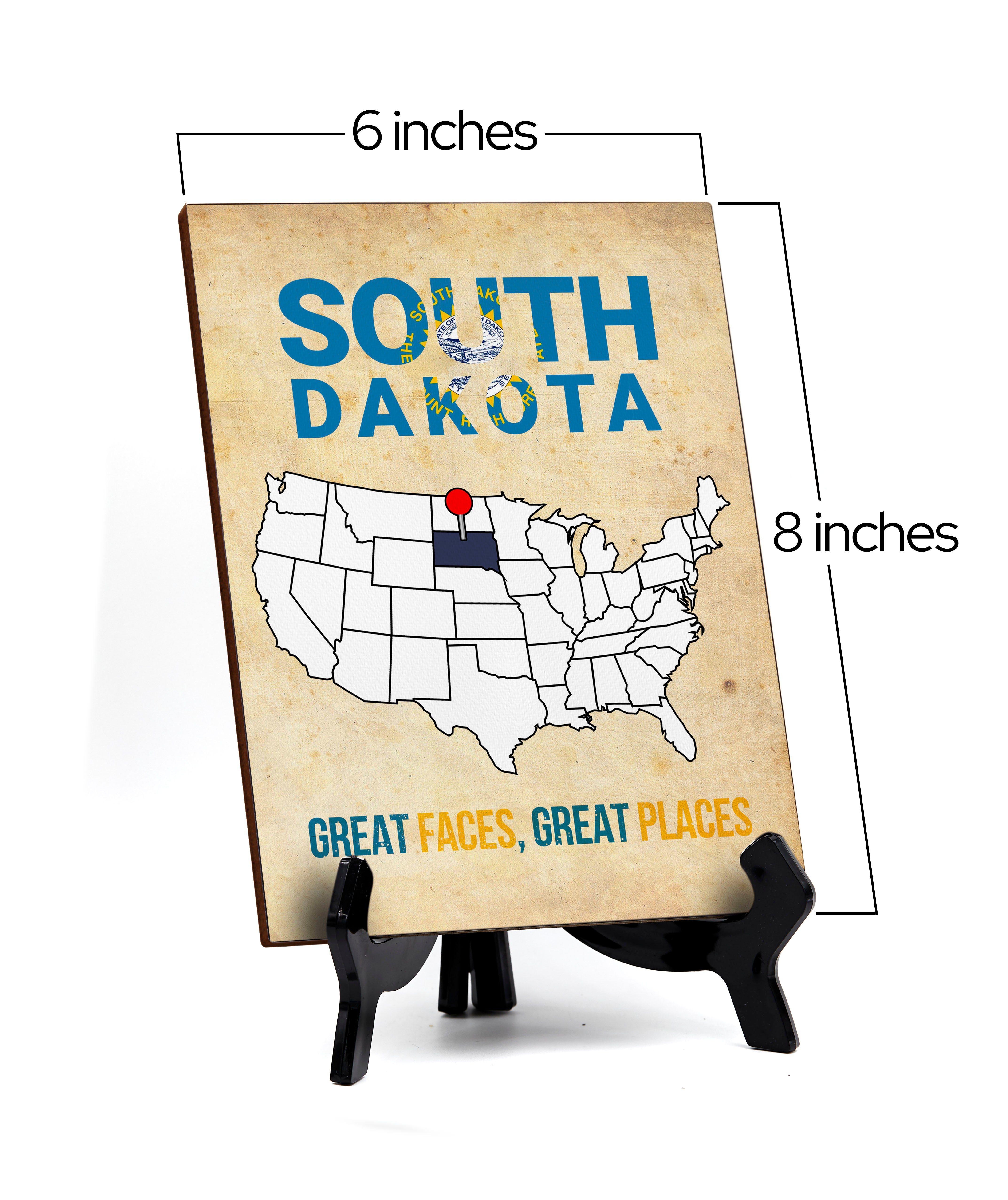 South Dakota: Great Faces, Great Places Table Sign with Acrylic Stand (6x8“) | State Pride Collection | Perfect Gift for Coworkers or Family