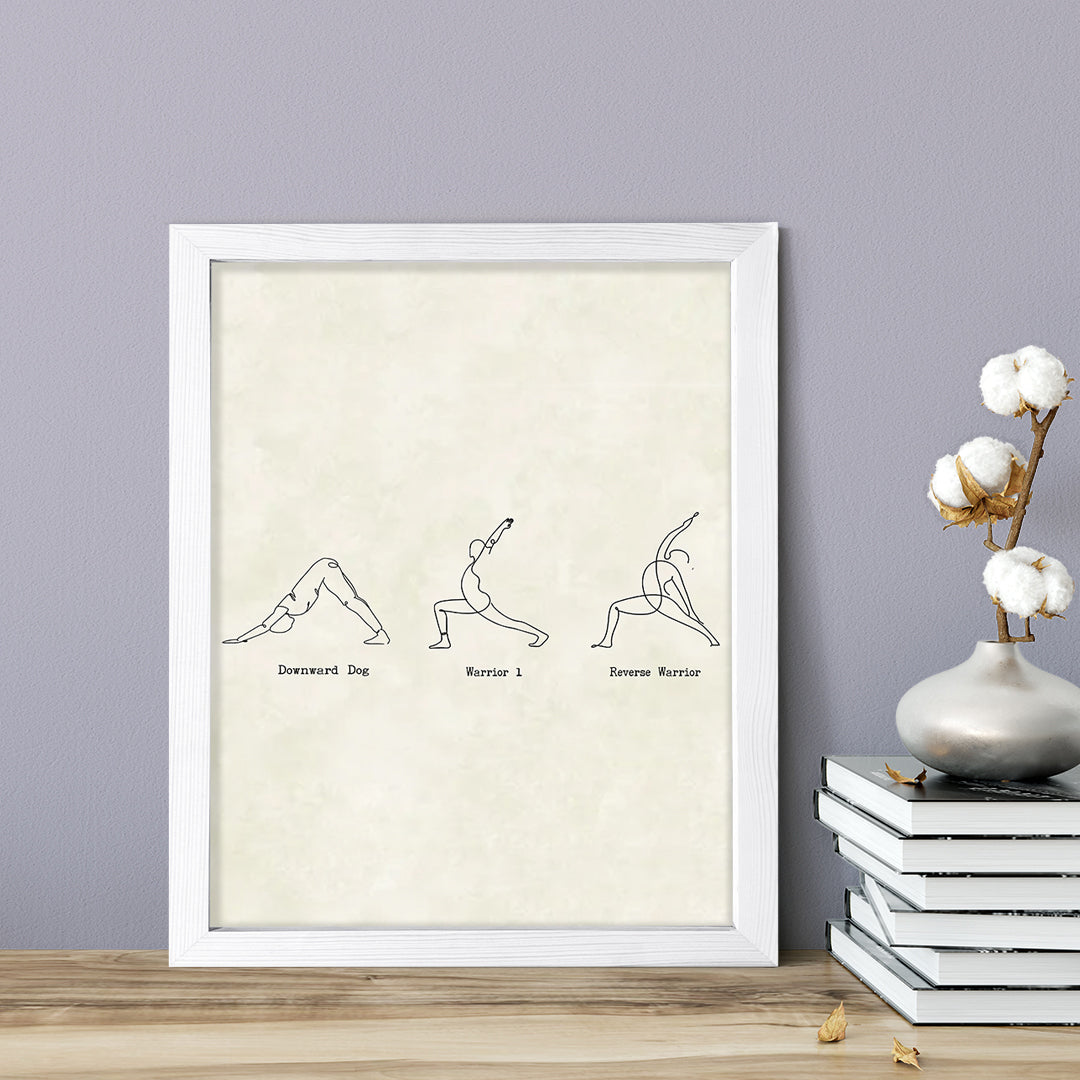 Downward Dog, Warrior 1, Reverse Warrior Yoga Pose, FRAMED Print Yoga Wall Art