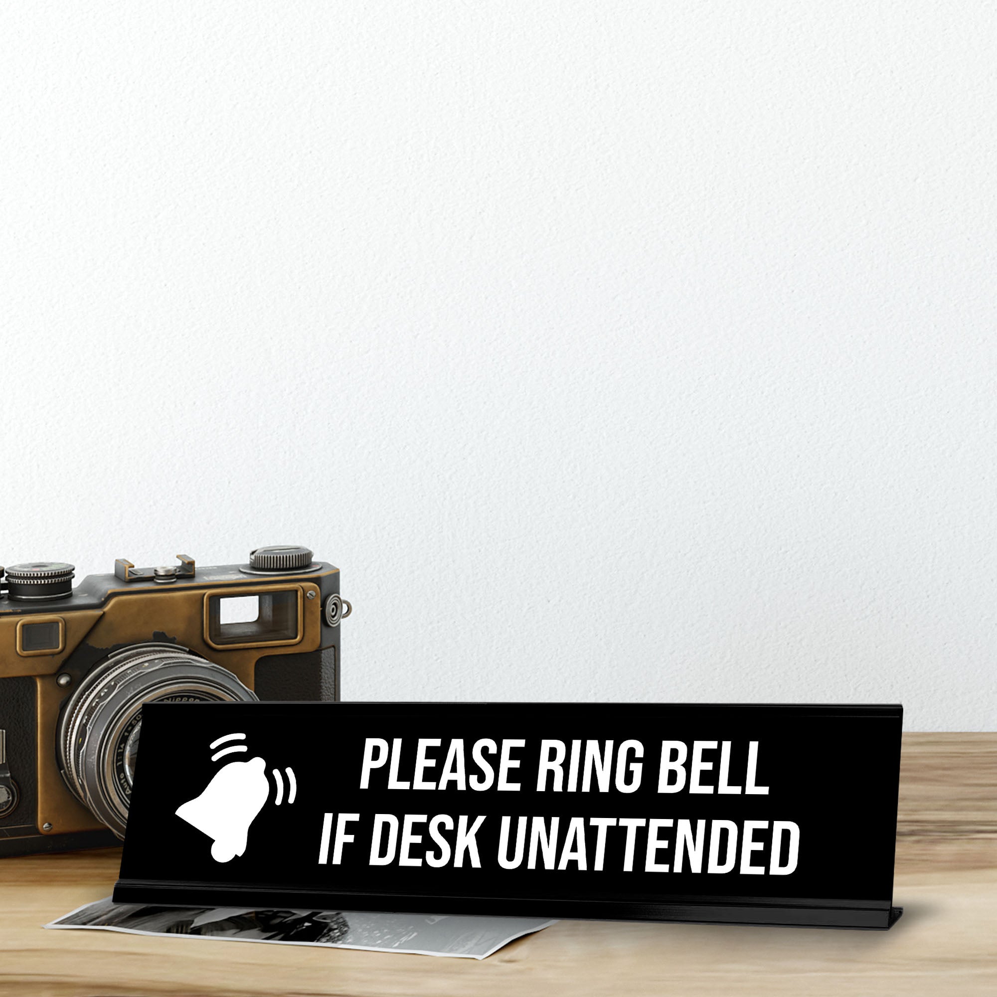Please Ring Bell If Desk Unattended, BW Black Frame, Desk Sign (2x8")