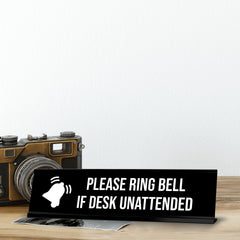 Please Ring Bell If Desk Unattended, BW Black Frame, Desk Sign (2x8")