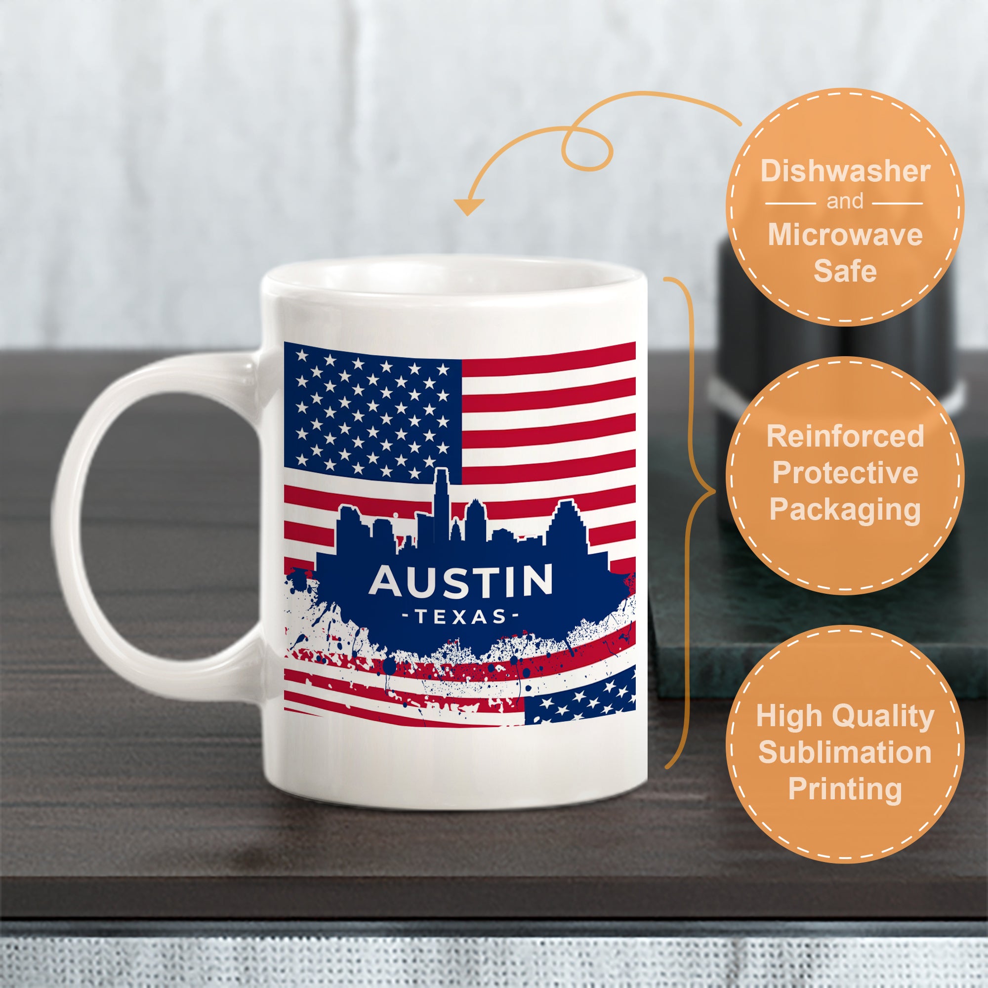 Austin, Texas 11oz Plastic or Ceramic Coffee Mug | Office & Home | American Pride