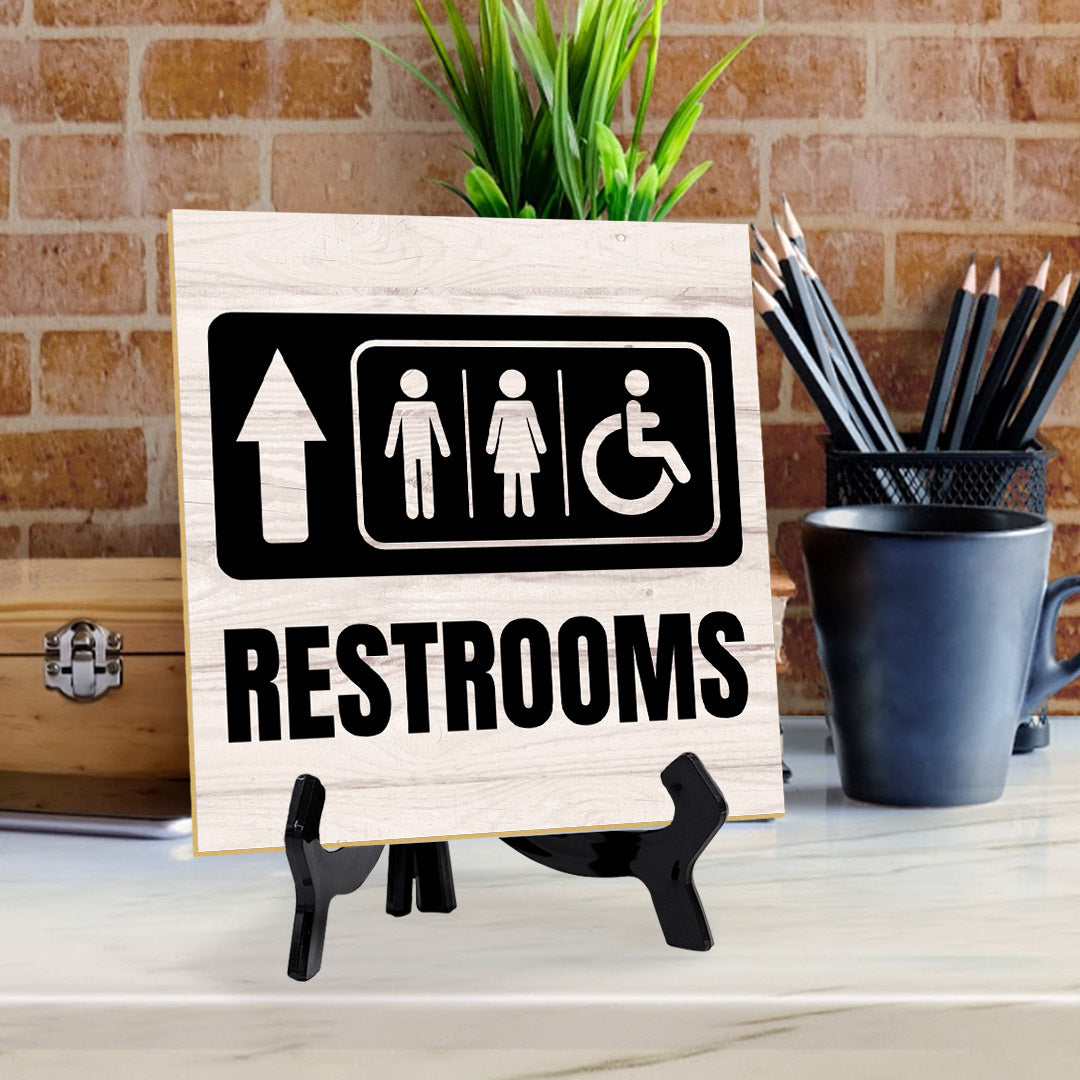 Restrooms Up Arrow 5"x 5" Square Table Sign With Acrylic Easel | Home & Office Decor