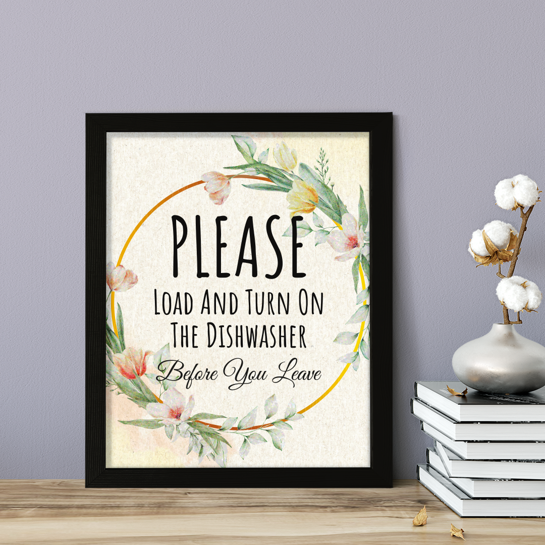 Signs ByLITA Please Load And Turn On The Dishwasher Before You Leave, Floral FRAMED Print Short Term Rentals Guest Signage, Floral FRAMED Print Short Term Rentals Guest Signage Kitchen Hospitality Wall Art