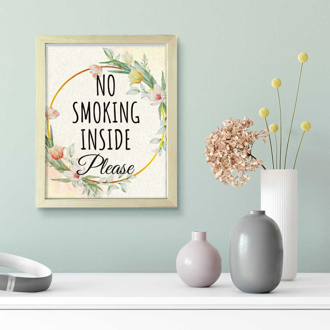 Signs ByLITA No Smoking Inside Please, Floral FRAMED Print Short Term Rentals Guest Signage Hospitality Wall Art