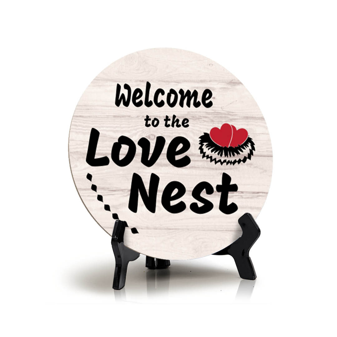 Signs ByLITA Circle Welcome to the Love Nest Wood Color, Entrance Decor Table Sign (5"x5")