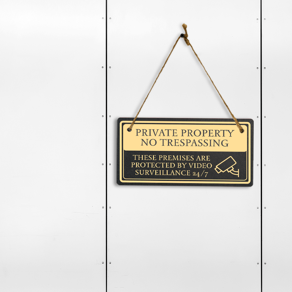 Private Property No Trespassing These Premises Are Protected by Video Surveillance 24/7 5x10 Hanging Plus Wall or Door Sign | Rustic Twine | Home and Business Security Signage