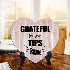 Signs ByLITA Heart Grateful for Your Tips, Wood Color, Table Sign (6"x5")