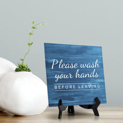 Signs ByLITA Please Wash Your Hands, Before Leaving, Wood Color, Square Table Sign (5" x 5”)