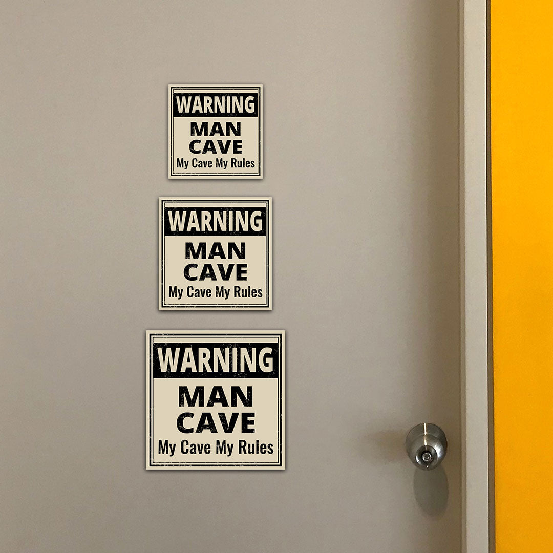 Square Plus Warning Man Cave My Cave My Rules Wall or Door Sign | Easy Installation | Funny Home Decor for Garage Bar Workshops