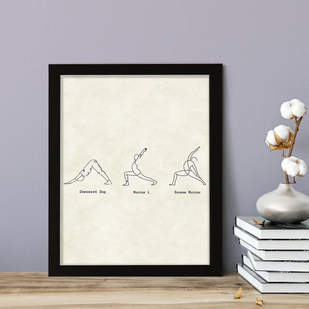 Downward Dog, Warrior 1, Reverse Warrior Yoga Pose, FRAMED Print Yoga Wall Art