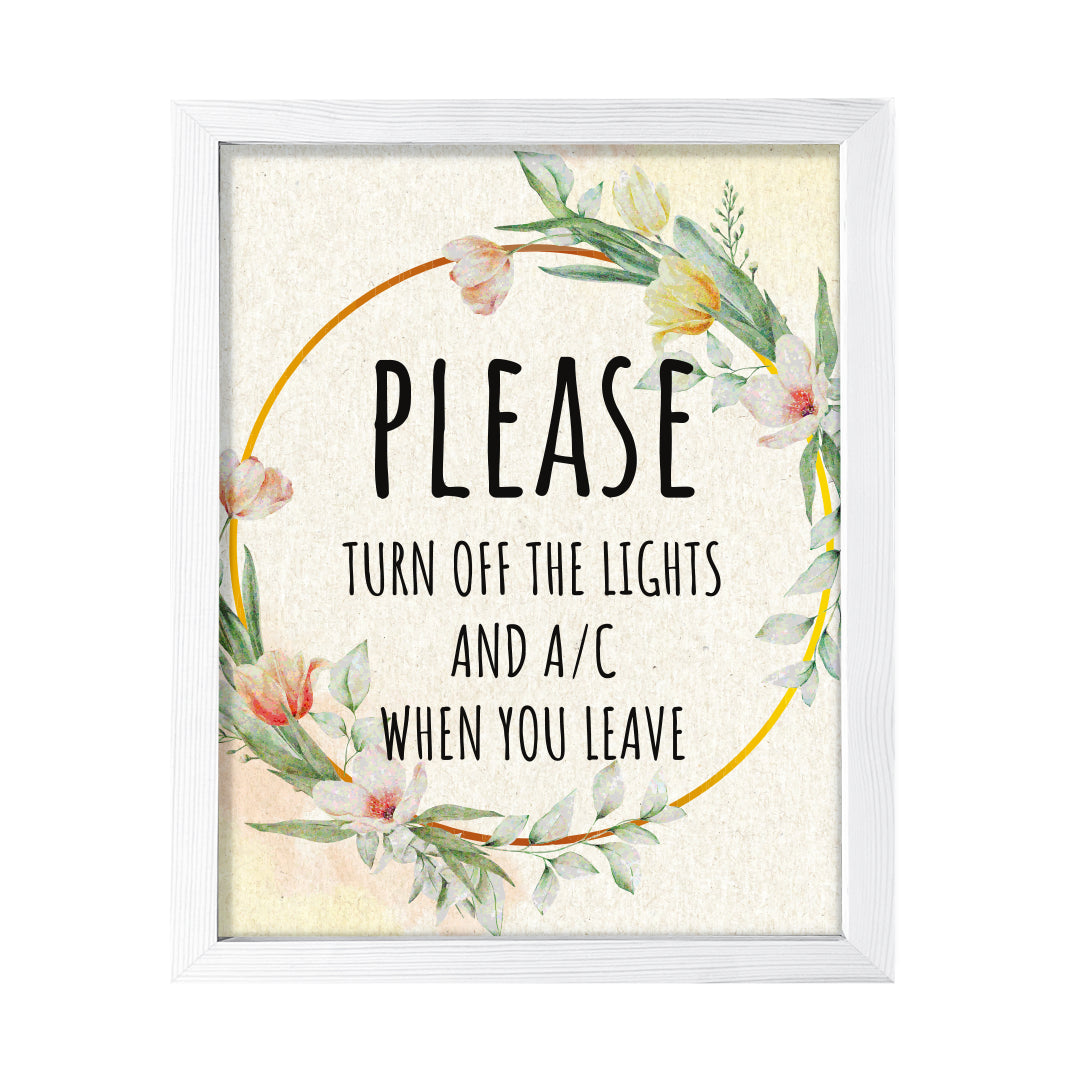 Signs ByLITA Please Turn Off The Lights And A/C When You Leave, Floral FRAMED Print Short Term Rentals Guest Signage Hospitality Wall Art