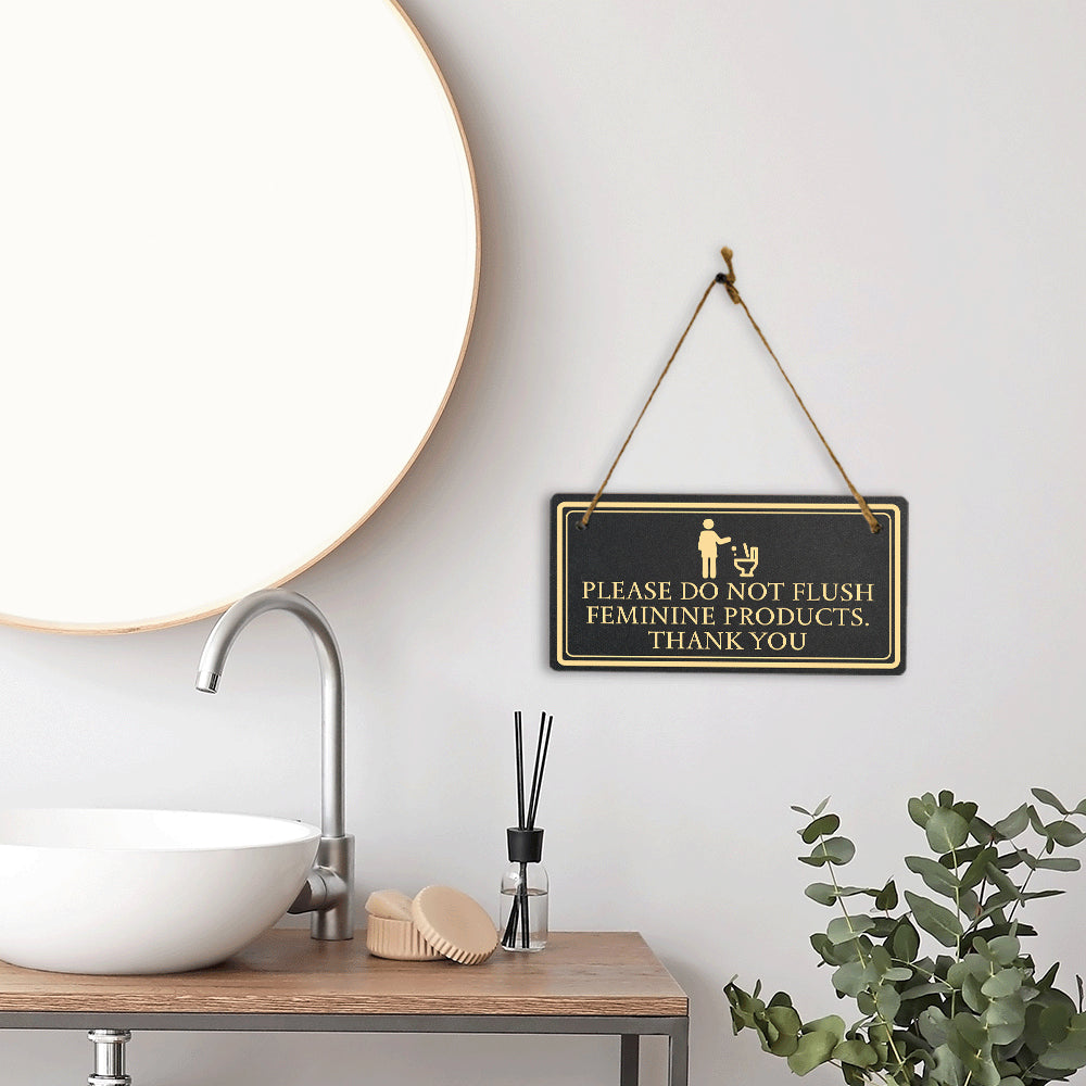 Please Do Not Flush Feminine Products. Thank you 5x10 Hanging Plus Wall or Door Sign | Restroom Hygiene Signage