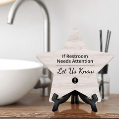 Sign ByLITA If Restroom Needs Attention Let Us Know, Wood Color, Star Table Sign (6"x5")