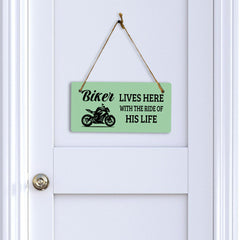 Biker Lives Here With The Ride Of His Life 5" x 10" Hanging Wall or Door Sign | Home Decor