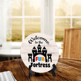Signs ByLITA Circle Welcome to the Fun Fortress Wood Color, Entrance Decor Table Sign (5"x5")