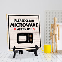 Please Clean Microwave After Use 5"x 5" Square Table Sign With Acrylic Easel | Home & Office Decor