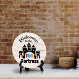 Signs ByLITA Circle Welcome to the Fun Fortress Wood Color, Entrance Decor Table Sign (5"x5")