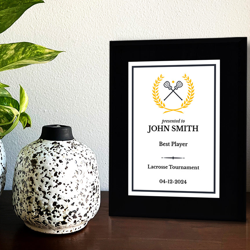 Lacrosse Customizable Black Frame Wooden Award Plaque | Easel Mount Option | Achievement and Recognition Personalizable Plaques