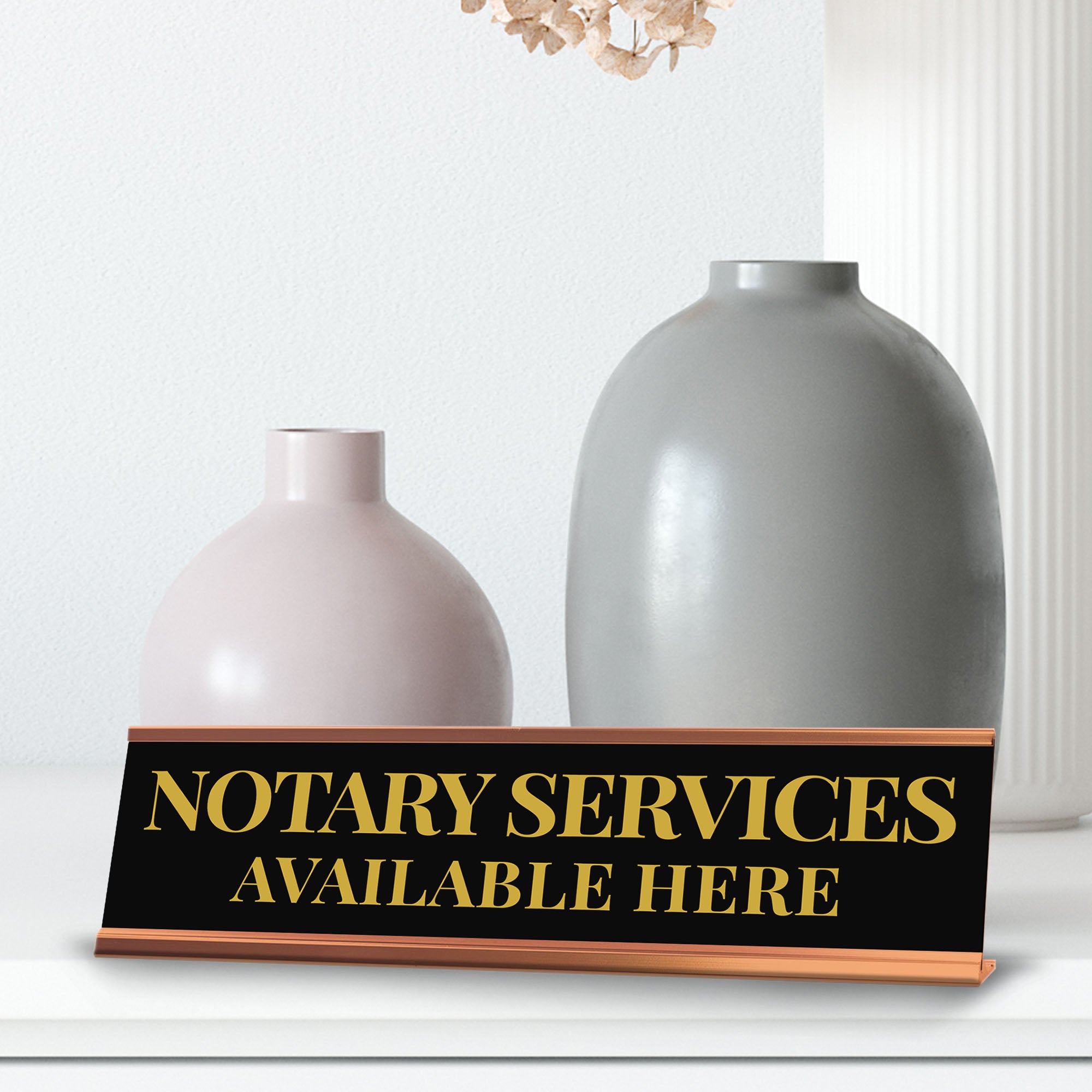 Signs ByLITA Notary Services Available Here Gold Frame Desk Sign (2x8")