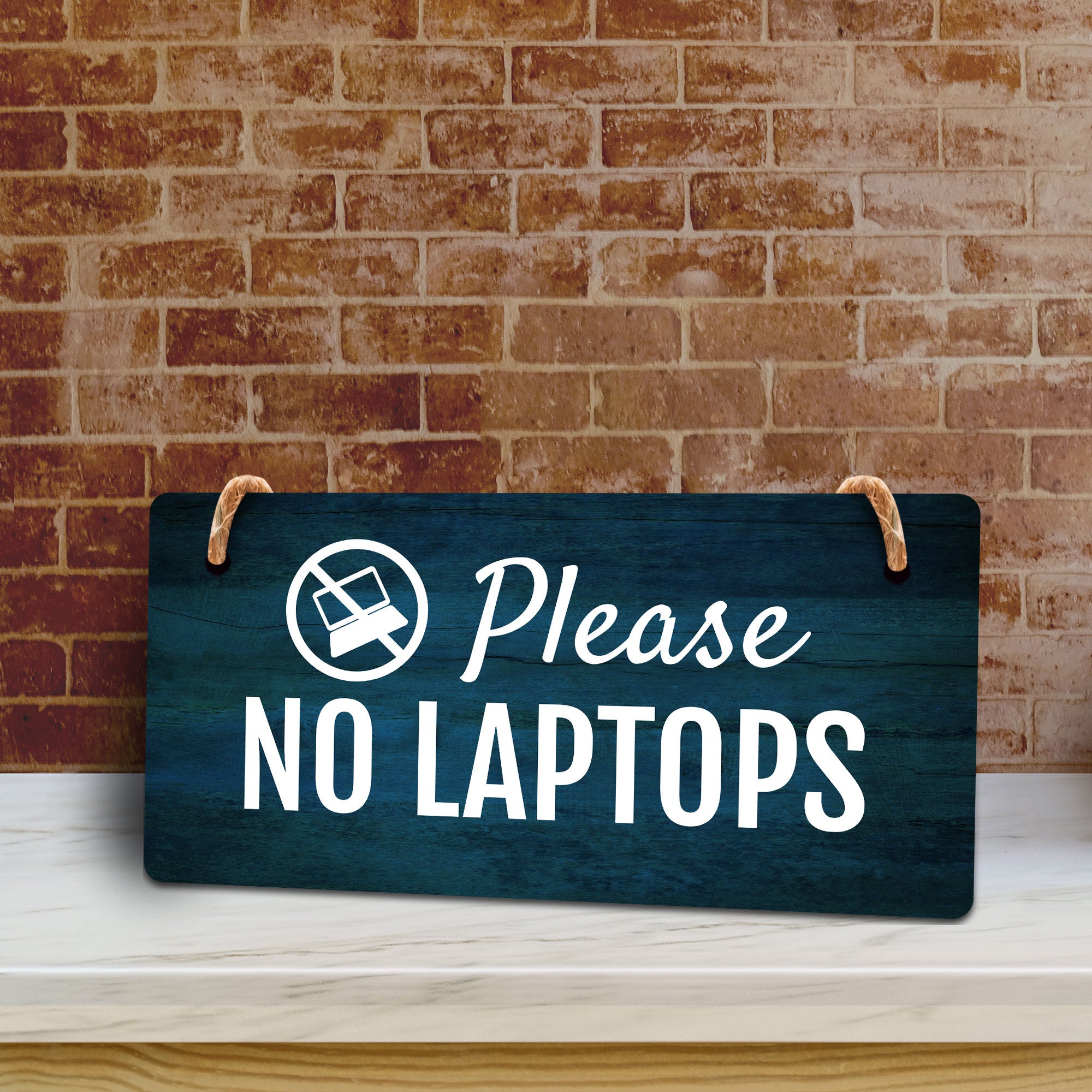 Please No Laptops 5x10 Hanging Plus Wall or Door Sign | Cafe Etiquette Signage
