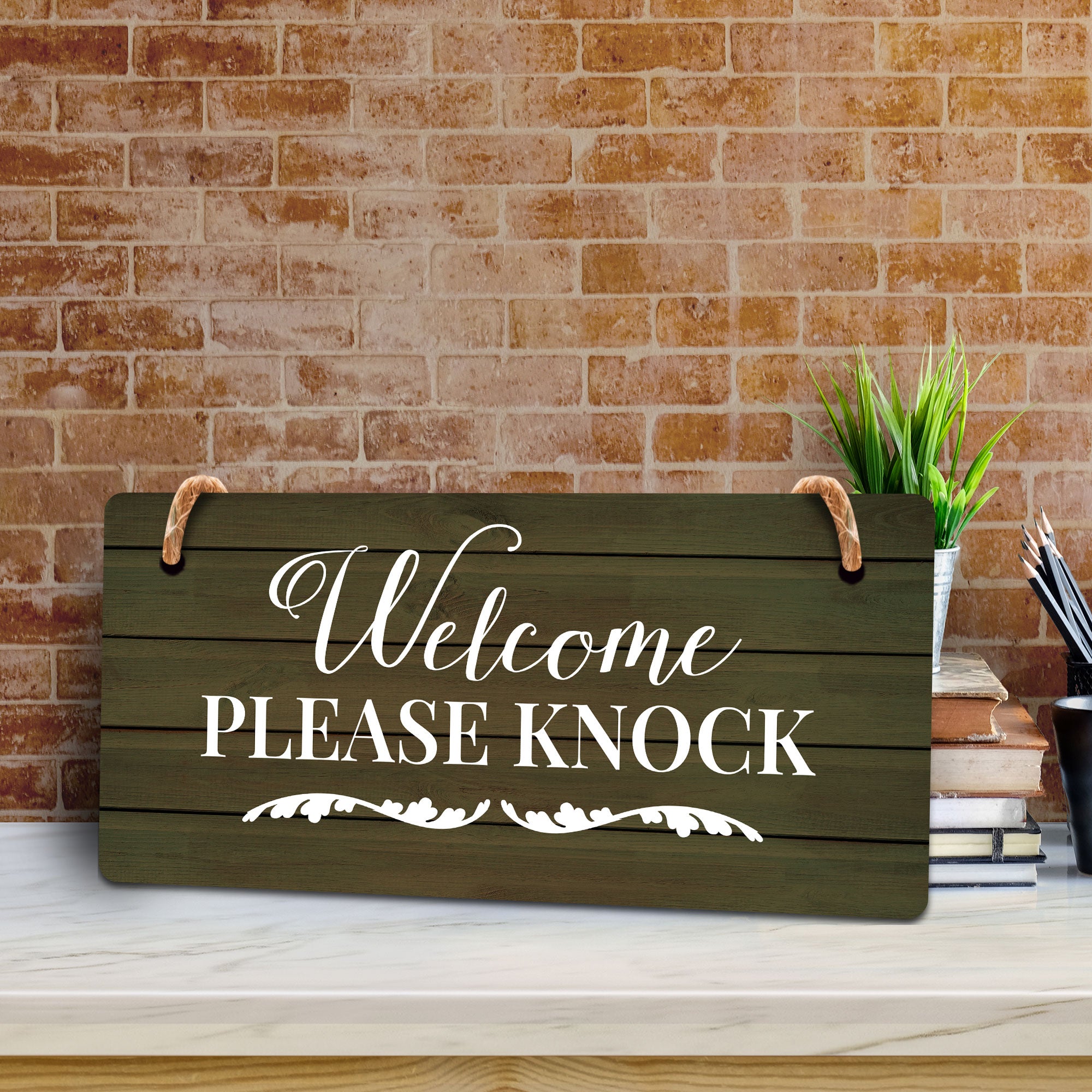 Welcome Please Knock 5x10 Hanging Wall or Door Sign | Family Home Decor