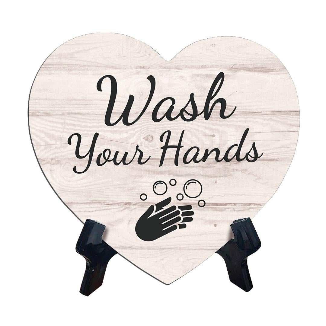 Signs ByLITA Heart Wash Your Hands, Wood Color, Table Sign (6"x5")