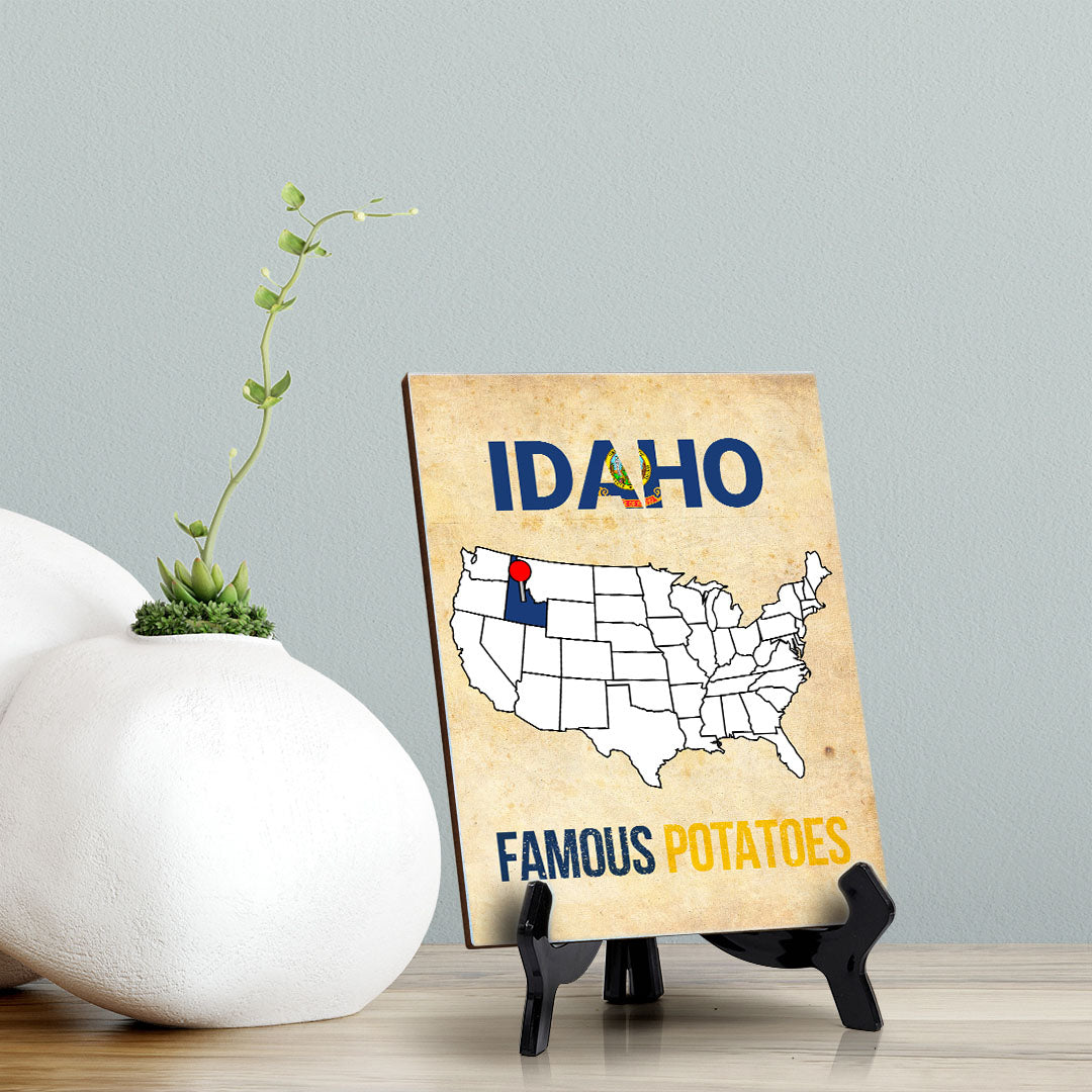 Idaho: Famous Potatoes Table Sign with Acrylic Stand (6x8“) | State Pride Collection | Perfect Gift for Coworkers or Family