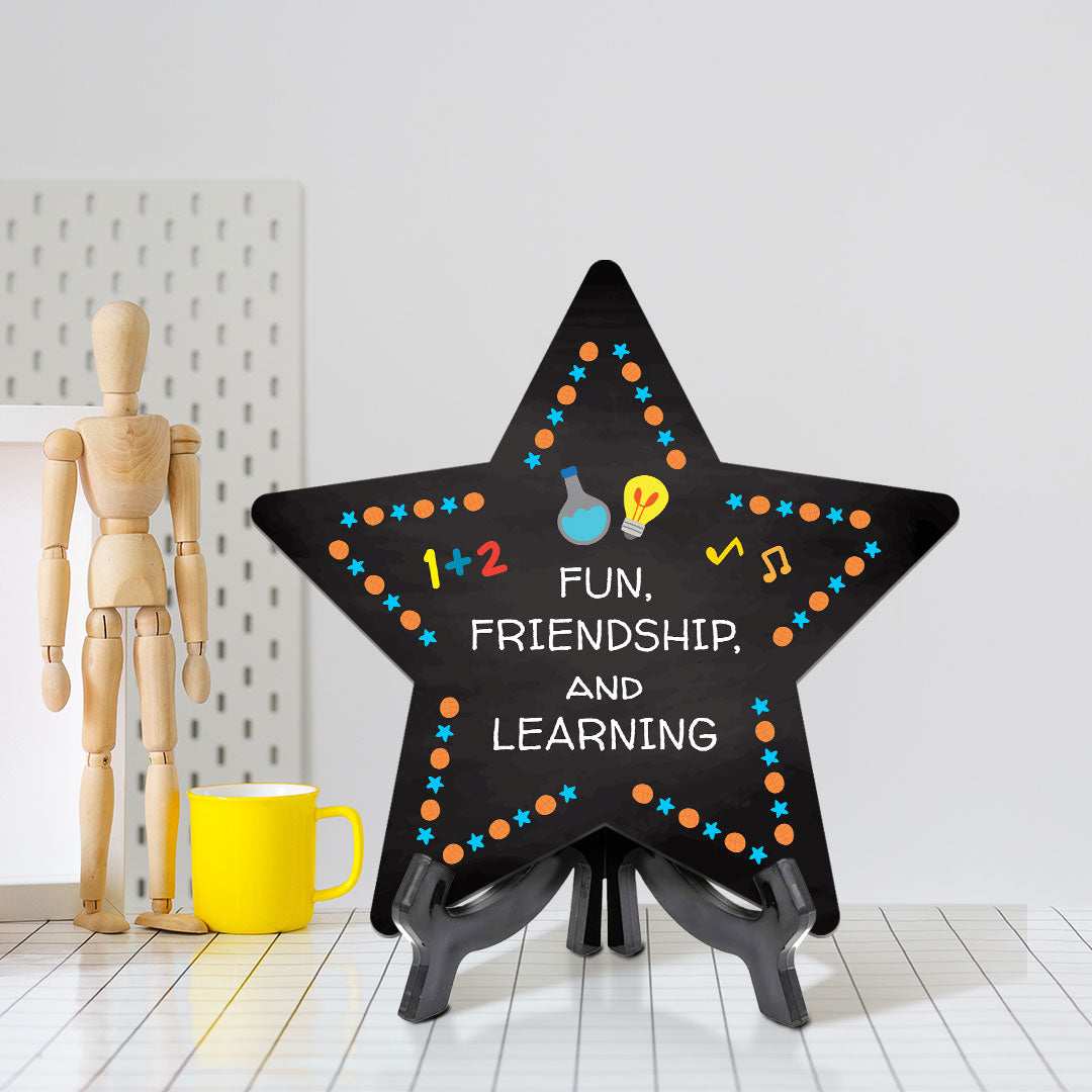 Sign ByLITA Fun, Friendship, and Learning Star Table Sign with Acrylic Stand (7.5x7.5“) Development | Kindergarten Classroom Essentials | Nurture Young Minds | Fun & Educational Supplies | Easy to Read | Includes Easel Stand