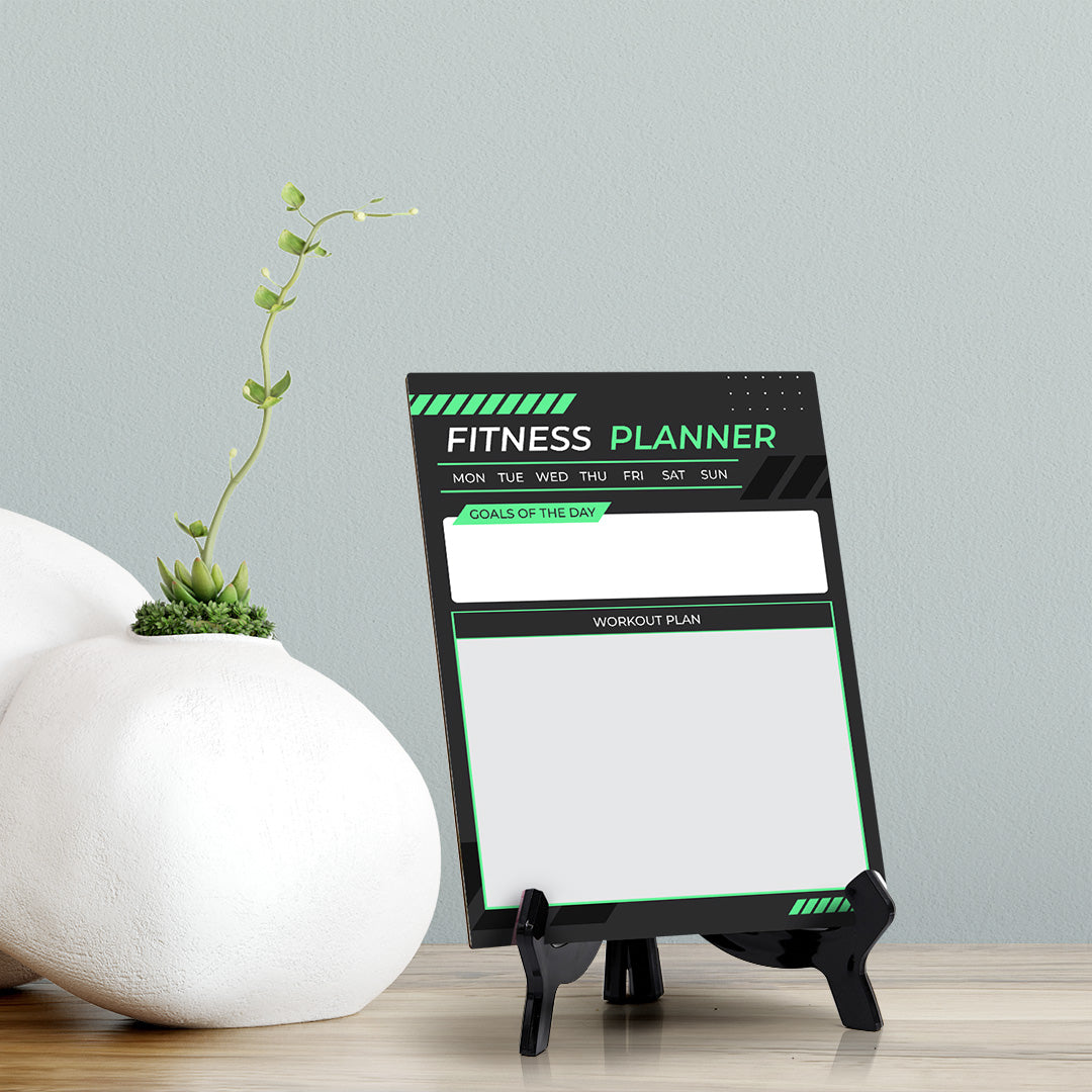 Fitness Planner Dry Wipe Table Sign with Acrylic Stand (6x8“) Office And Home Reminders | Personal Schedule | No Pen Included