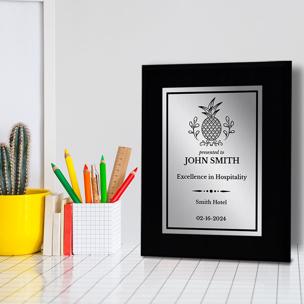 Hospitality Theme Customizable Black Frame Award Plaque | Easel Mount Option | Recognition of Achievement and Service Personalizable Plaques