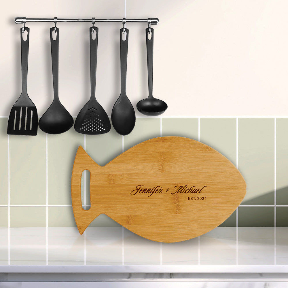 Designs ByLITA Personalized Bamboo Fish Shaped Cutting Board, Customizable Kitchen Chopping Board (9 Design Options) - 14" x 8.5"