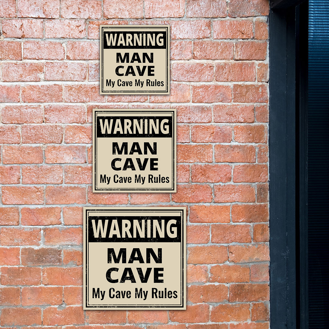 Square Plus Warning Man Cave My Cave My Rules Wall or Door Sign | Easy Installation | Funny Home Decor for Garage Bar Workshops