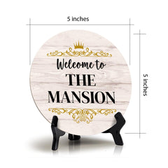 Signs ByLITA Circle Welcome to the Mansion Wood Color, Entrance Decor Table Sign (5"x5")