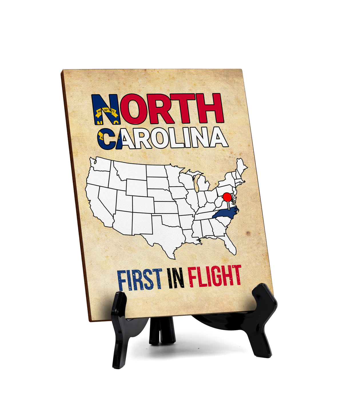 North Carolina: First in Flight Table Sign with Acrylic Stand (6x8“) | State Pride Collection | Perfect Gift for Coworkers or Family